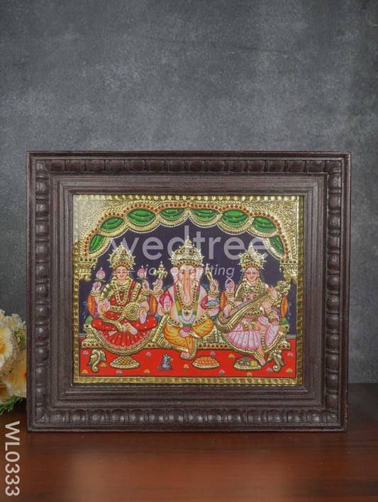 Tanjore Painting - Lakshmi-Ganesha-Saraswathi - Flat (Gold Foil) - 12x10 inch - WL0333
