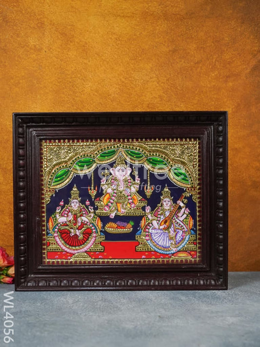 Tanjore Painting - Lakshmi-Ganesha-Saraswathi - Flat (Gold Foil) - 15x12 inch - WL4056