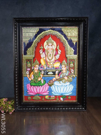 Tanjore Painting - Lakshmi-Ganesha-Saraswathi - Flat (Gold Foil) - 24x18 inch - WL3055