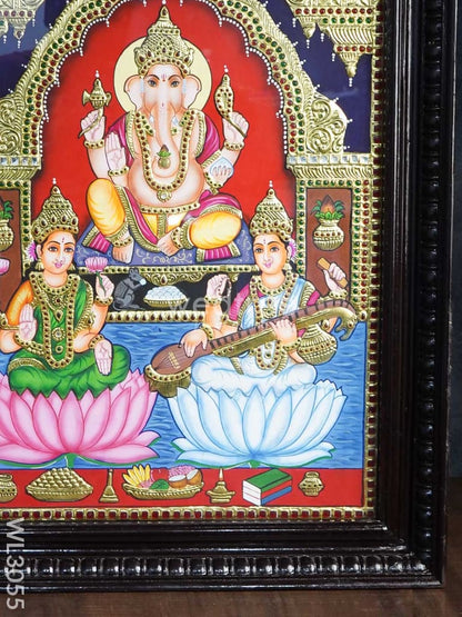 Tanjore Painting - Lakshmi-Ganesha-Saraswathi - Flat (Gold Foil) - 24x18 inch - WL3055