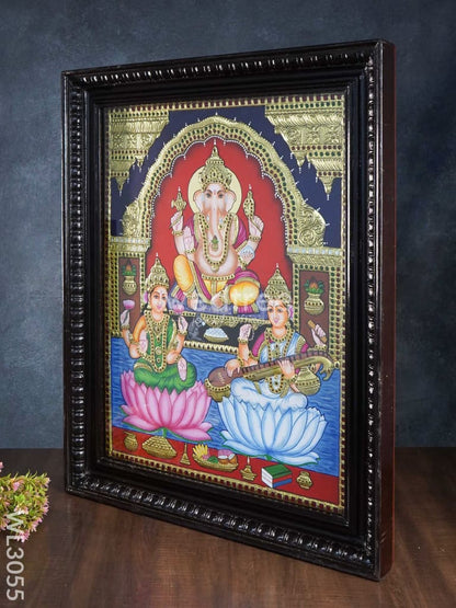 Tanjore Painting - Lakshmi-Ganesha-Saraswathi - Flat (Gold Foil) - 24x18 inch - WL3055