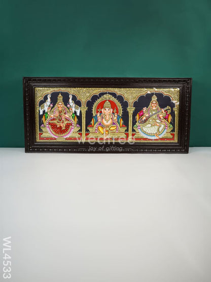 Tanjore Painting - Lakshmi Ganesha Saraswathi - Flat (Gold foil) - 30 x 12 inch - WL4533