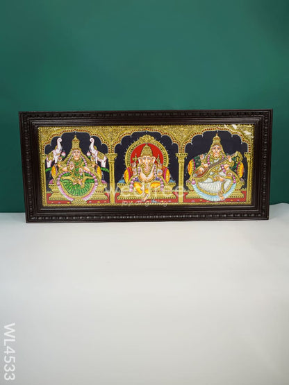 Tanjore Painting - Lakshmi Ganesha Saraswathi - Flat (Gold foil) - 30 x 12 inch - WL4533