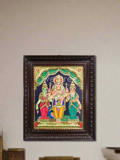 Tanjore Painting - Murugan-Valli-Deivanai - Semi Embossed - 15x12 inch - WL4678