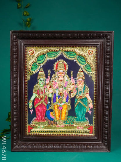 Tanjore Painting - Murugan-Valli-Deivanai - Semi Embossed - 15x12 inch - WL4678