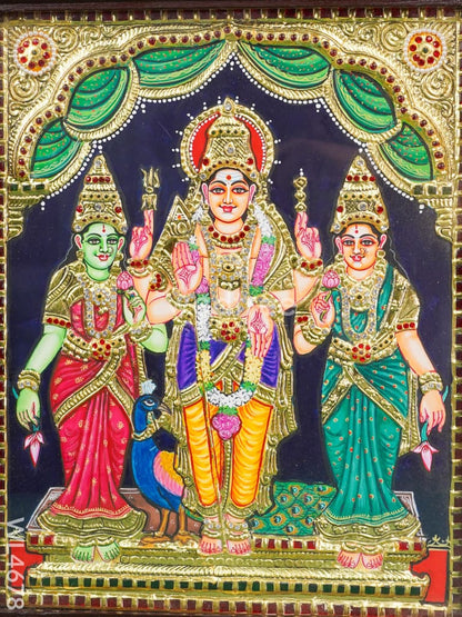 Tanjore Painting - Murugan-Valli-Deivanai - Semi Embossed - 15x12 inch - WL4678