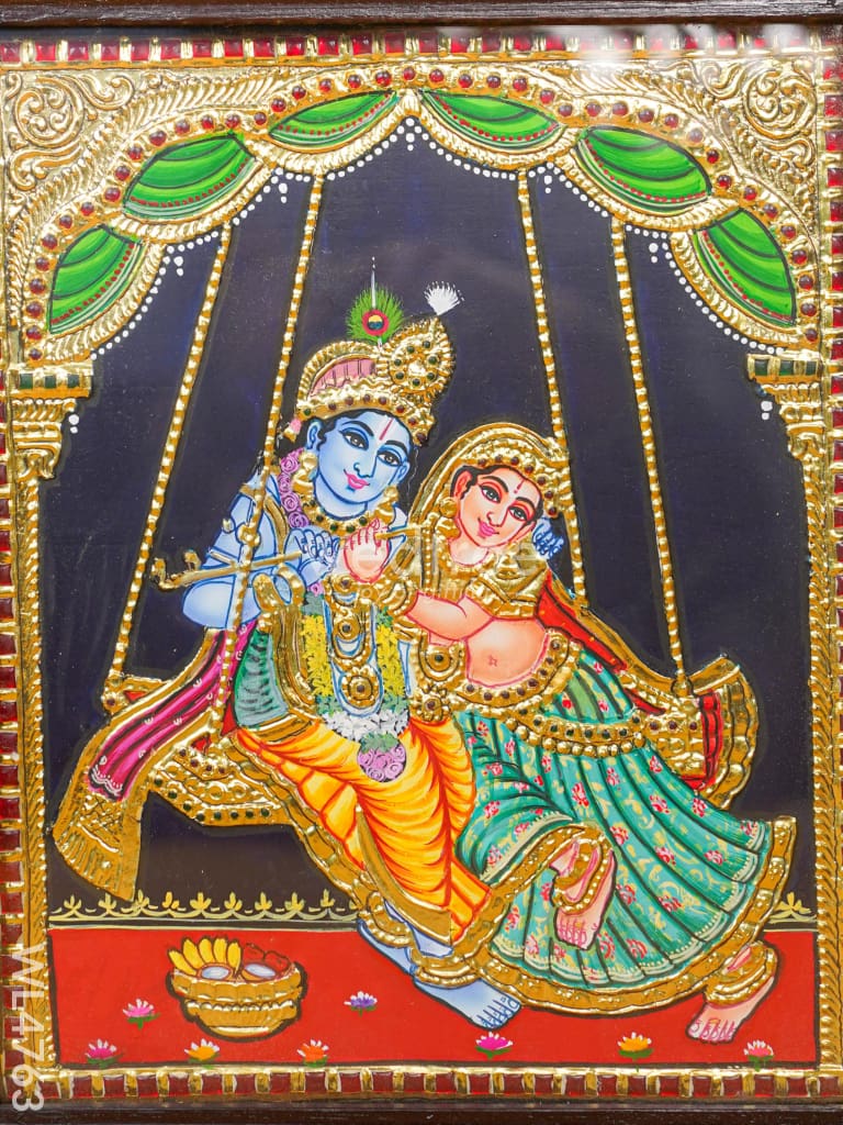 Tanjore Painting - Radha-Krishna on Jhoola - Flat (Gold Foil) - 12x10 inch - WL4763