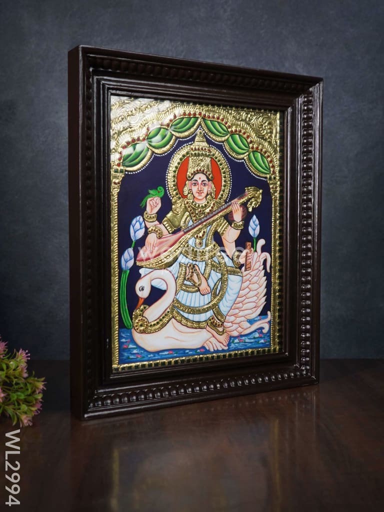 Tanjore Painting - Swan Saraswathi - Flat (Gold Foil) - 15x12 inch - WL2994