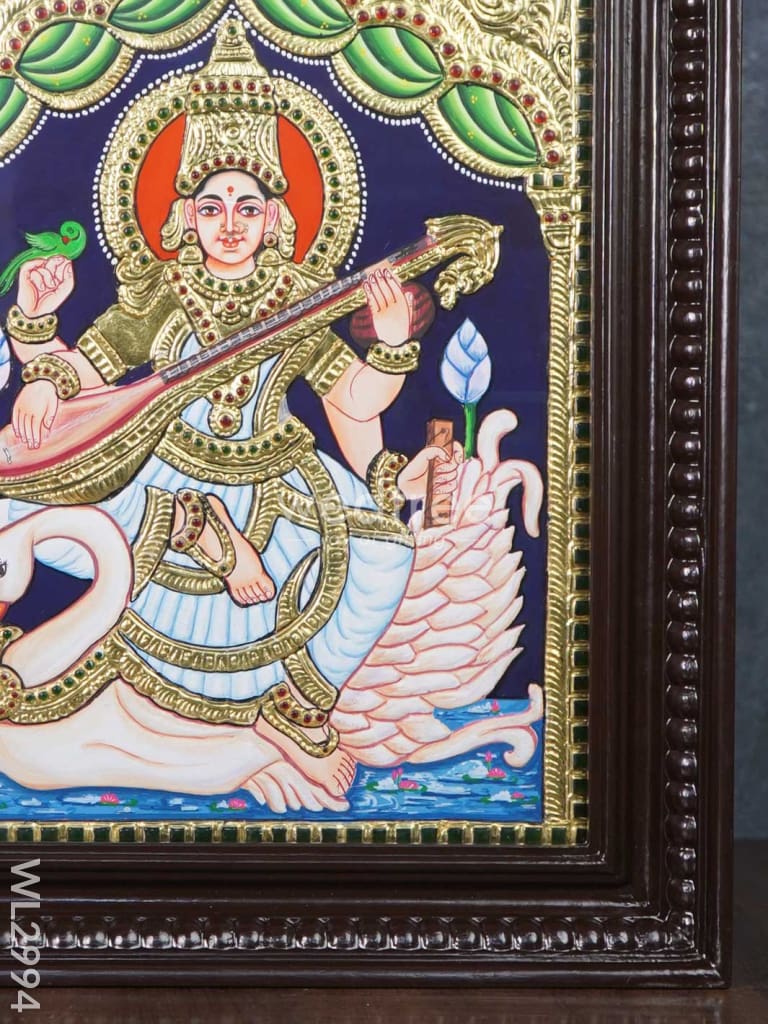 Tanjore Painting - Swan Saraswathi - Flat (Gold Foil) - 15x12 inch - WL2994