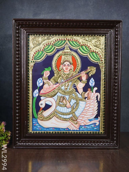 Tanjore Painting - Swan Saraswathi - Flat (Gold Foil) - 15x12 inch - WL2994
