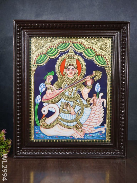 Tanjore Painting - Swan Saraswathi - Flat (Gold Foil) - 15x12 inch - WL2994