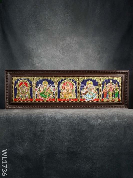 Tanjore Painting - Balaji-Gajalakshmi-Ganesha-Saraswathi-Murugan Family - Flat (Gold Foil) - 9x39 inch (5 in 1) - WL1736