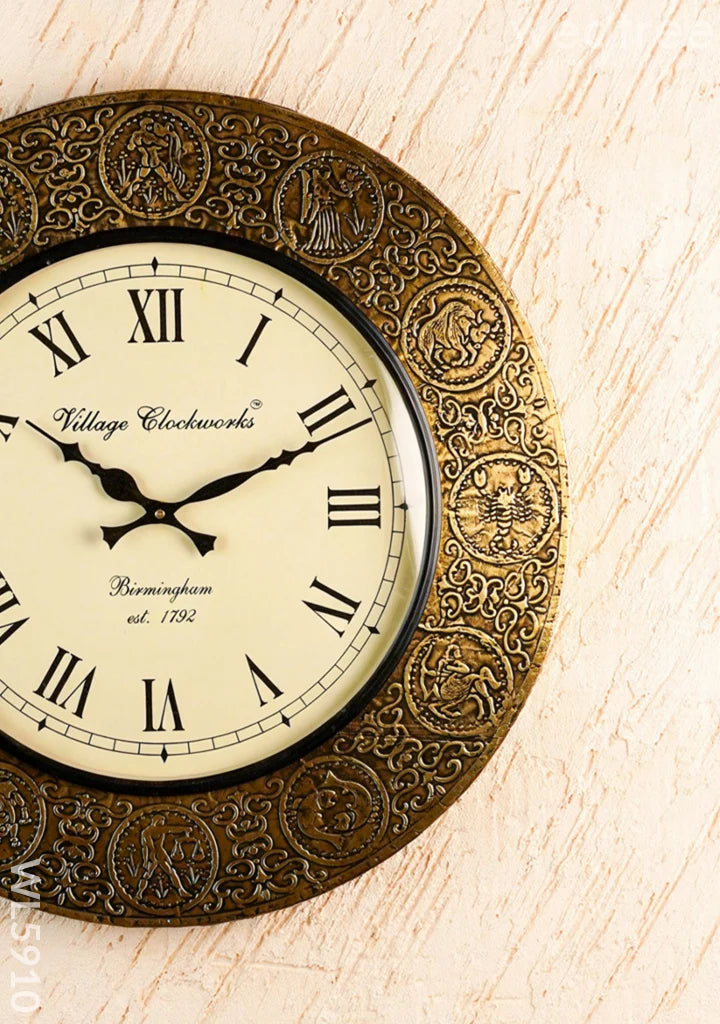 Wall Clock - Embossed Brass with Zodiac Signs - 18 inch  - WL5910
