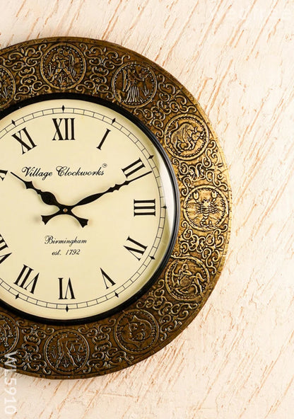 Wall Clock - Embossed Brass with Zodiac Signs - 18 inch  - WL5910