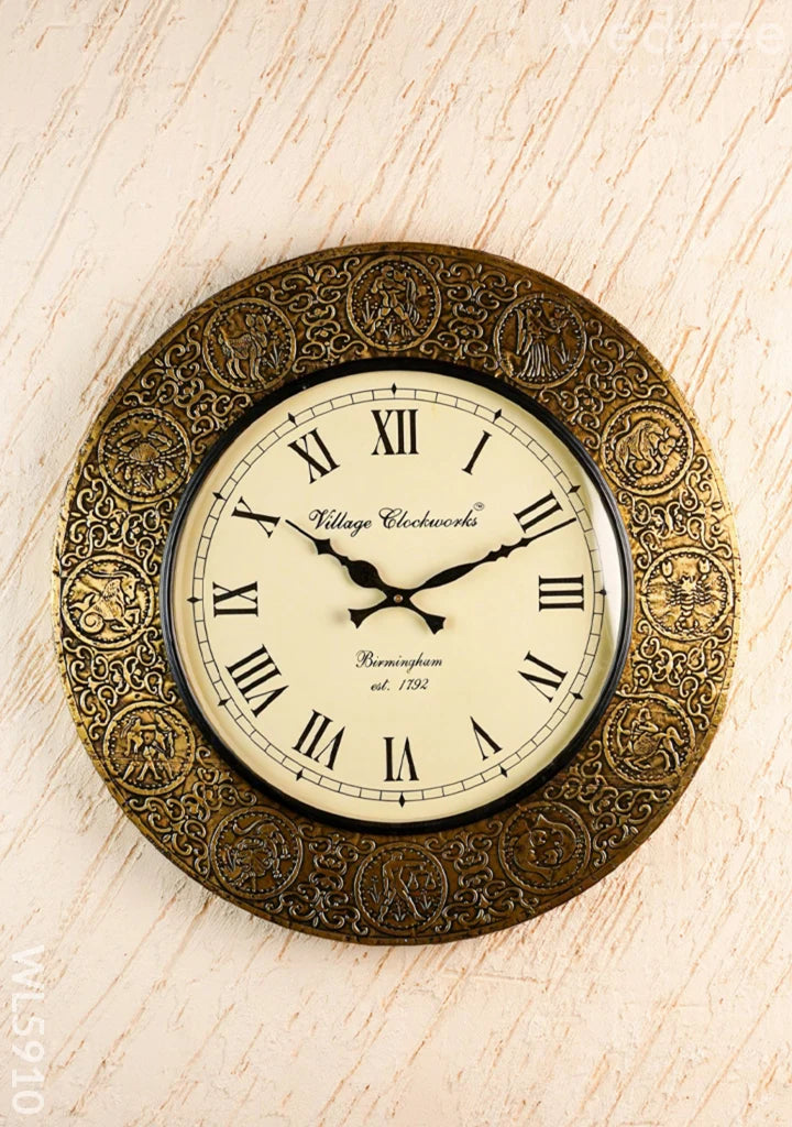 Wall Clock - Embossed Brass with Zodiac Signs - 18 inch  - WL5910