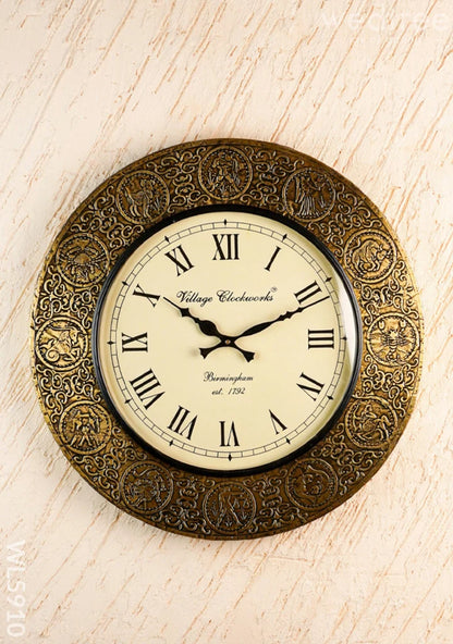 Wall Clock - Embossed Brass with Zodiac Signs - 18 inch  - WL5910