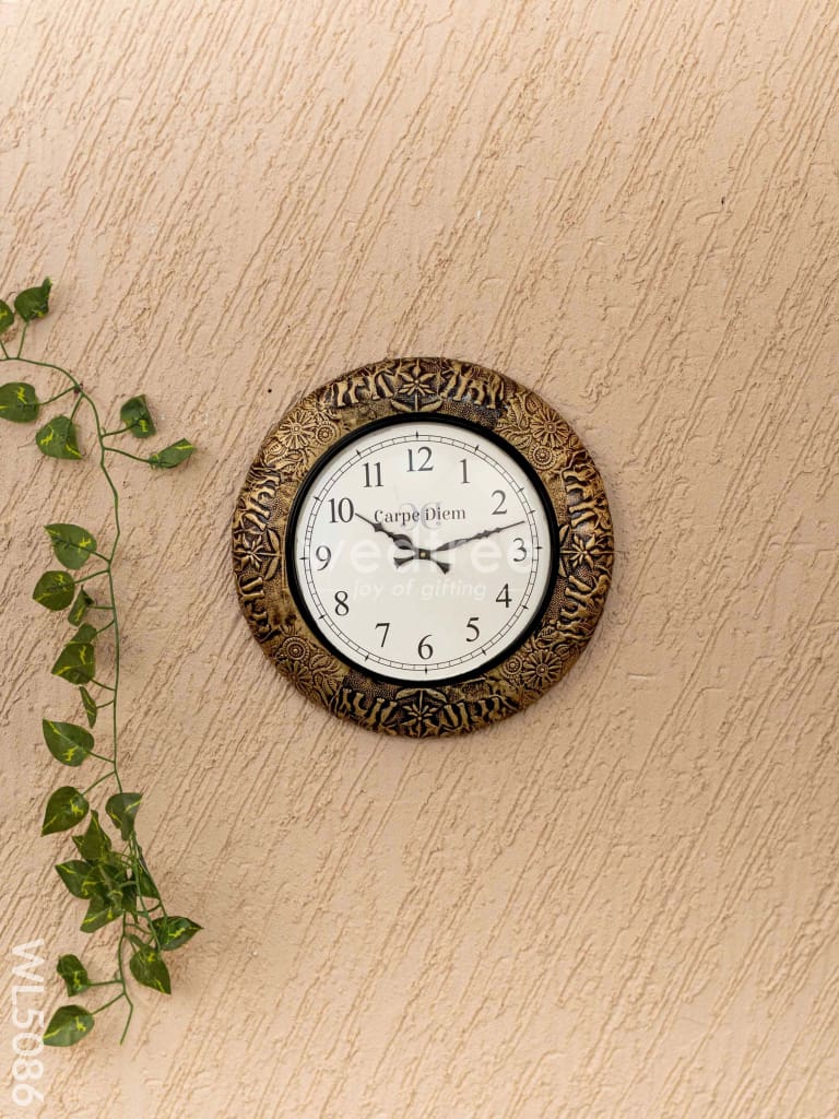 Wall Clocks - Embossed Brass with Elephant Design - 12 inch - WL5086