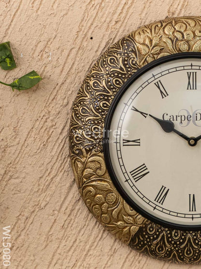 Wall Clocks - Embossed Brass with Floral Design - 12 inch - WL5080
