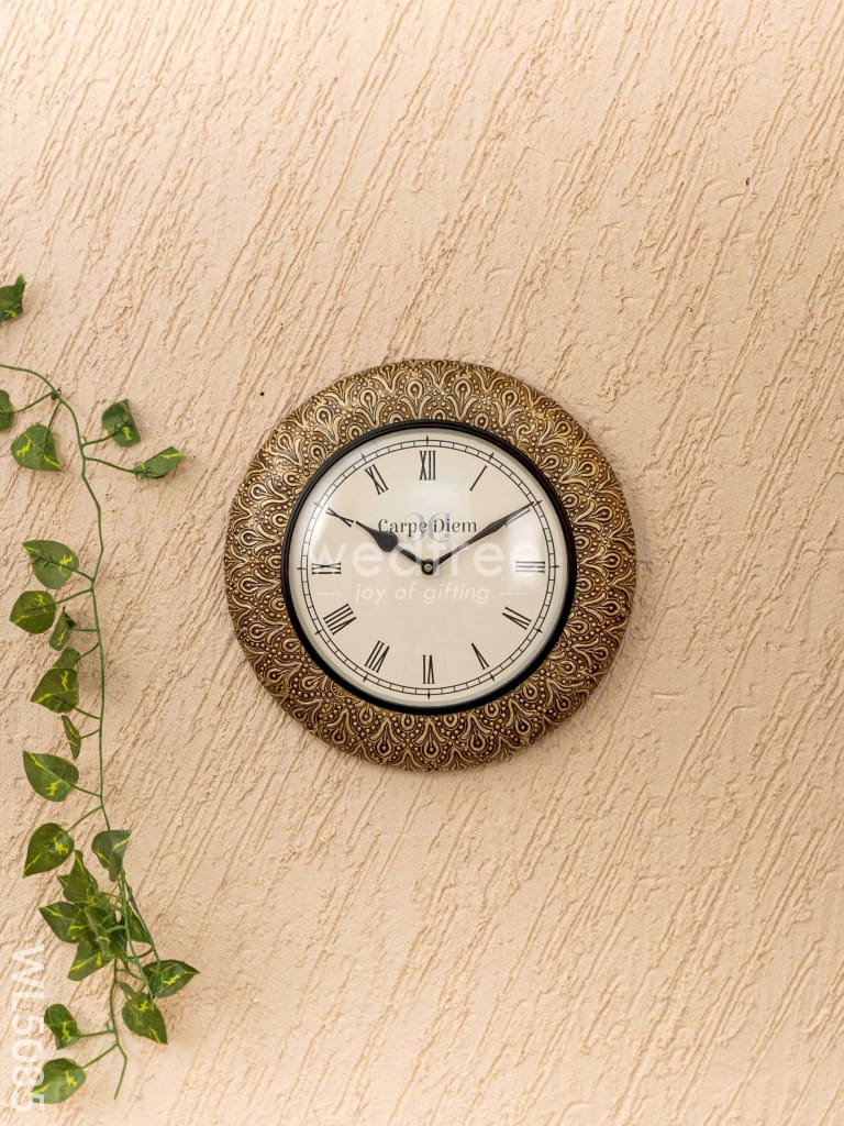 Wall Clocks - Embossed Brass with Floral Design - 12 inch - WL5085