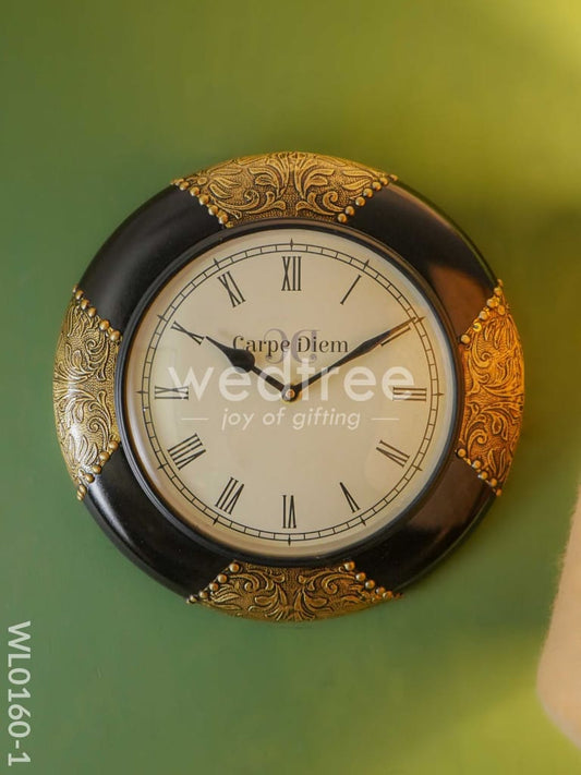 Wall clocks -Hand painted with Black floral prints & stone work (12 inches) - WL0160-1