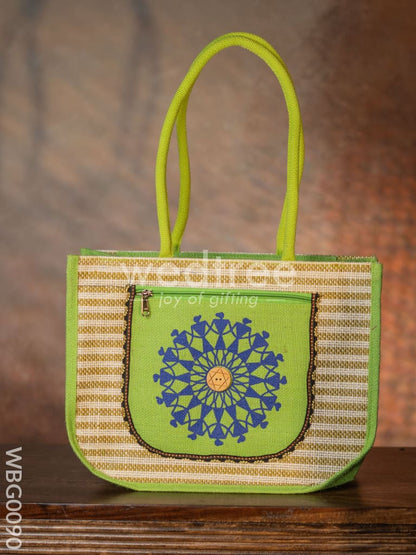 Warli Printed Jute Bag with Horizontal Stripes - WBG0090
