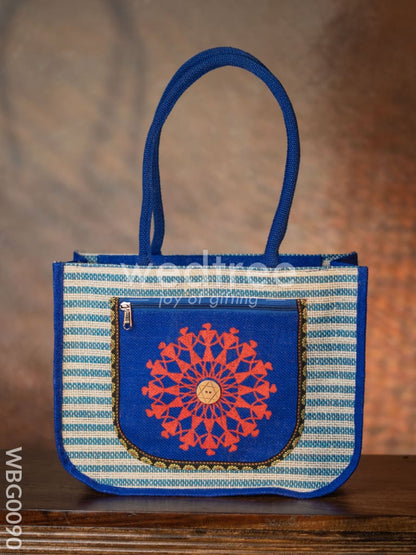 Warli Printed Jute Bag with Horizontal Stripes - WBG0090