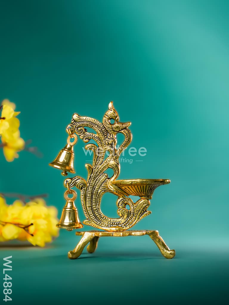 White Metal Chowki with Diya & Hanging Bells - Gold - WL4884