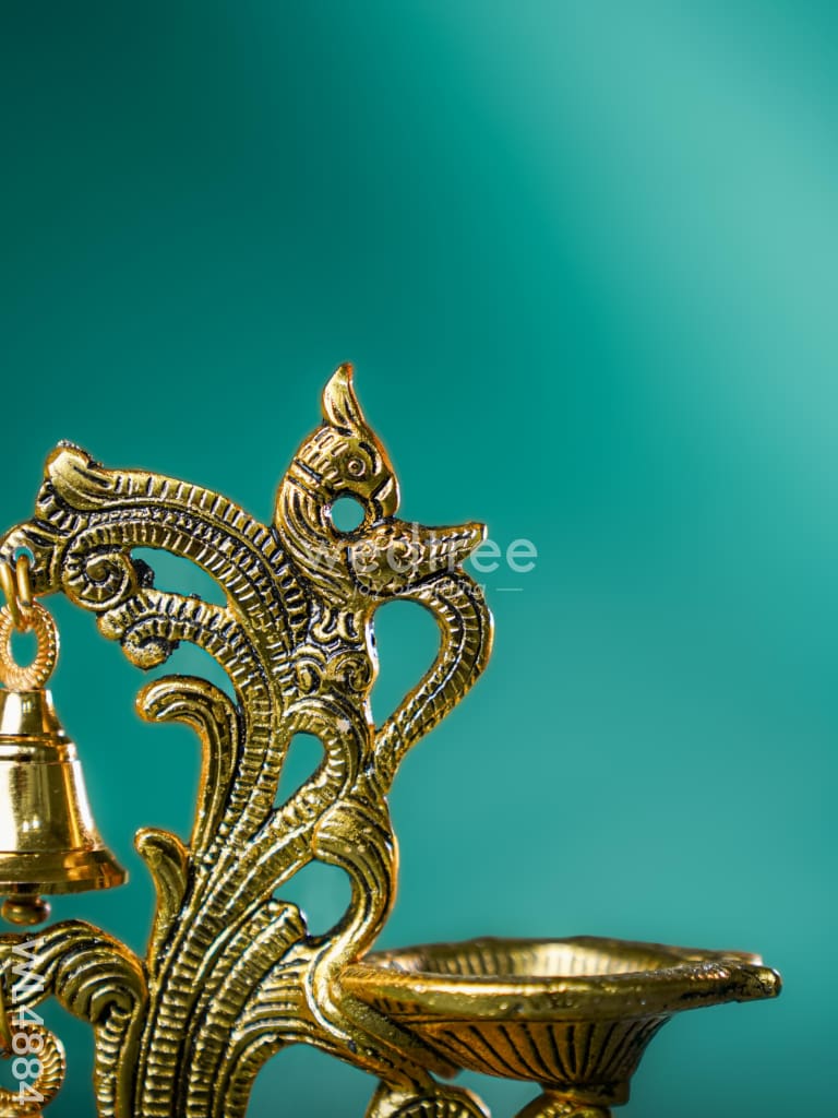White Metal Chowki with Diya & Hanging Bells - Gold - WL4884