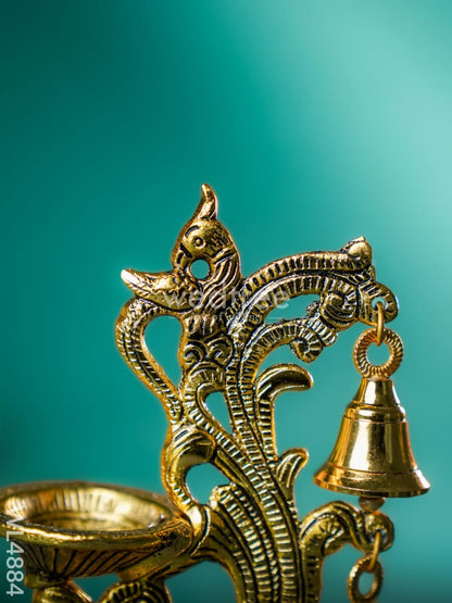 White Metal Chowki with Diya & Hanging Bells - Gold - WL4884