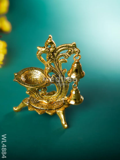 White Metal Chowki with Diya & Hanging Bells - Gold - WL4884