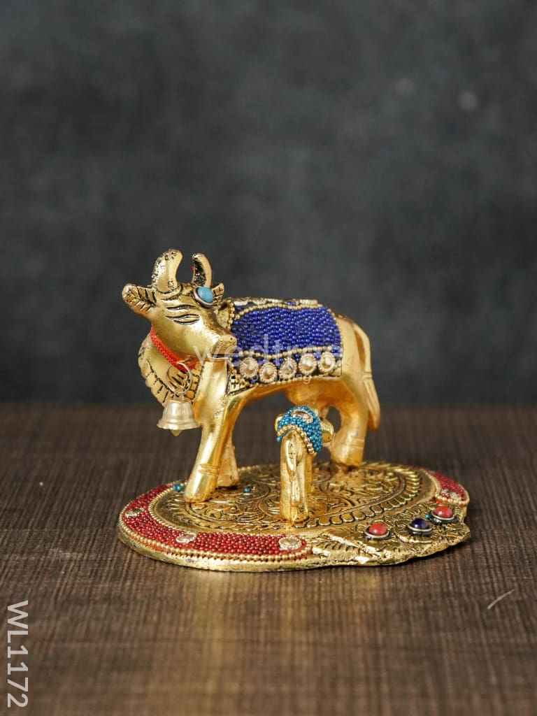 White Metal Cow and Calf with Stone Work - WL1172