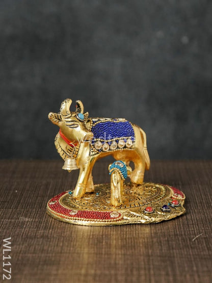 White Metal Cow and Calf with Stone Work - WL1172