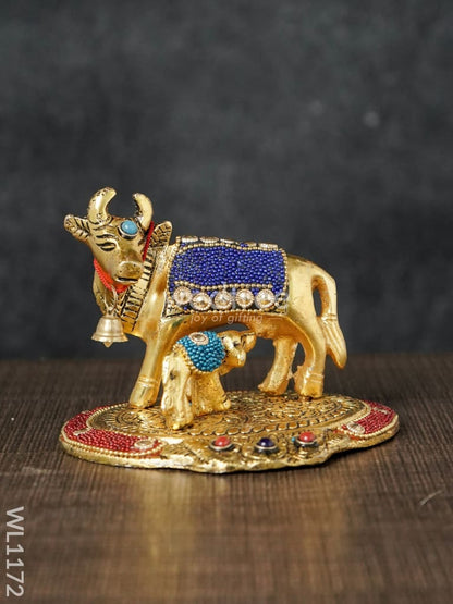 White Metal Cow and Calf with Stone Work - WL1172