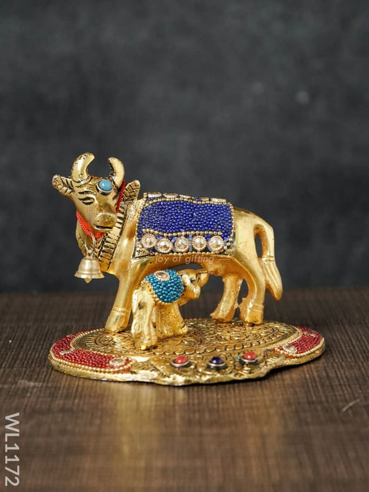White Metal Cow and Calf with Stone Work - WL1172