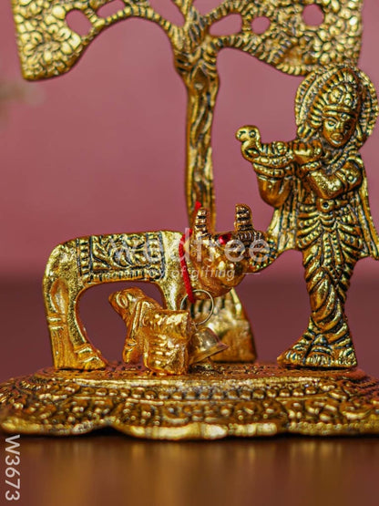 White metal Cow Krishna under tree gold finish - W3673