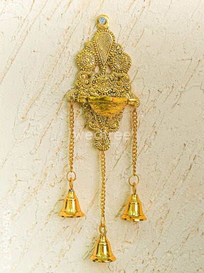 White Metal Diya with Bell - 11 inch - Gold - WBG1617-1