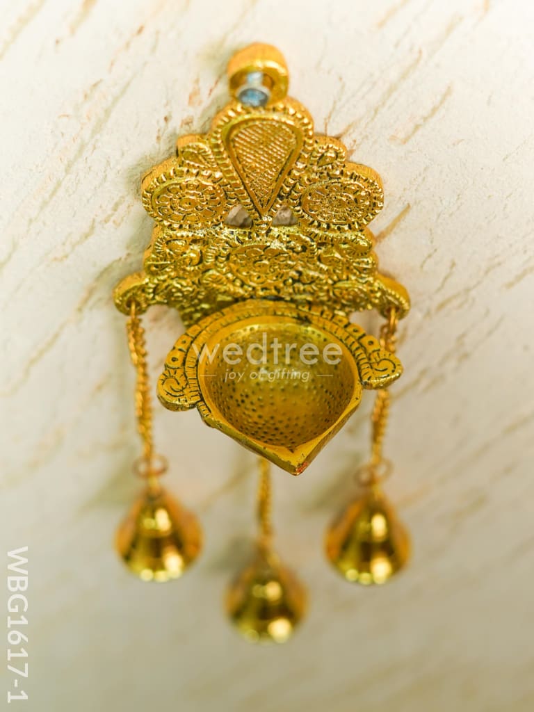 White Metal Diya with Bell - 11 inch - Gold - WBG1617-1
