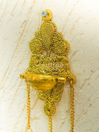 White Metal Diya with Bell - 11 inch - Gold - WBG1617-1