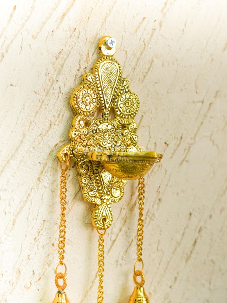 White Metal Diya with Bell - 11 inch - Gold - WBG1617-1