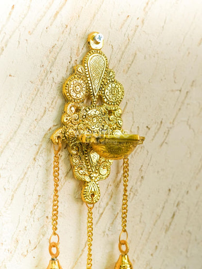 White Metal Diya with Bell - 11 inch - Gold - WBG1617-1