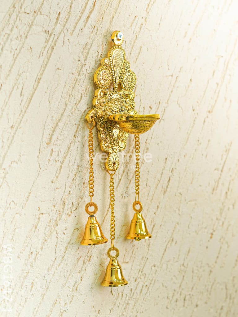White Metal Diya with Bell - 11 inch - Gold - WBG1617-1