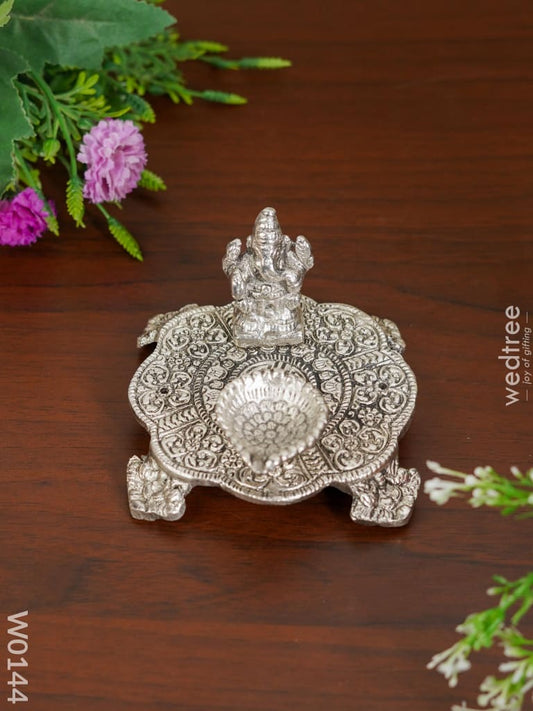 White Metal Ganesh Chowki With Diya - W0144 Diyas