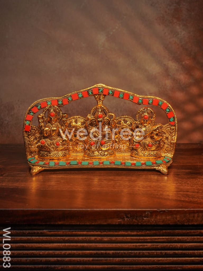 White Metal Ganesh Lakshmi Saraswathi with Gold Finish - WL0883