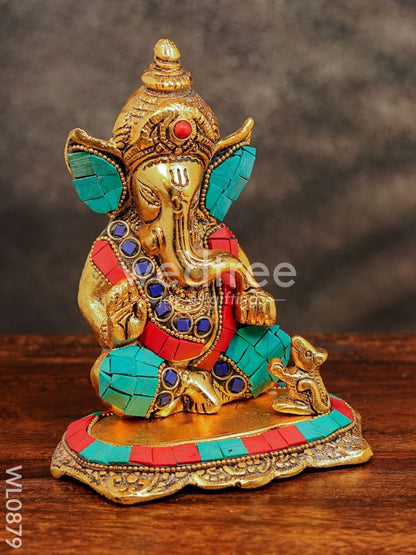 White Metal Gold Finish Ganesh with Mouse Small - WL0879