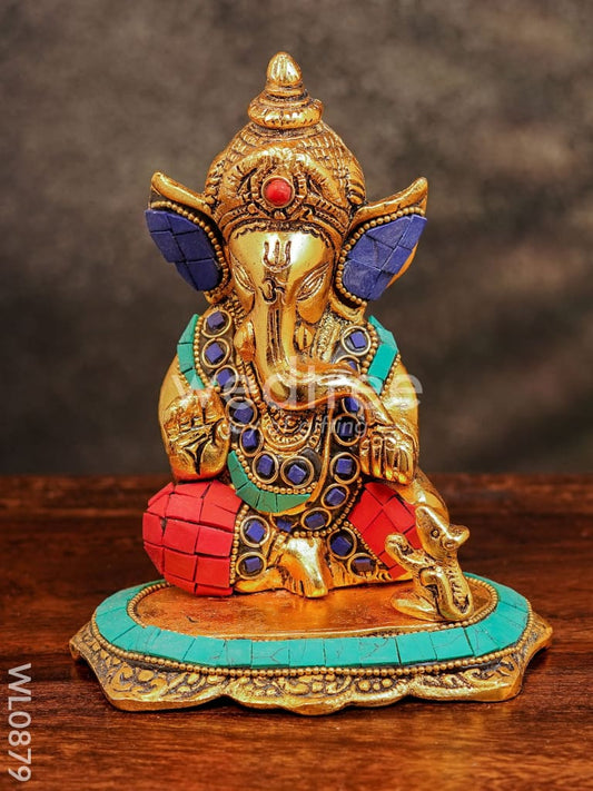 White Metal Gold Finish Ganesh with Mouse Small - WL0879