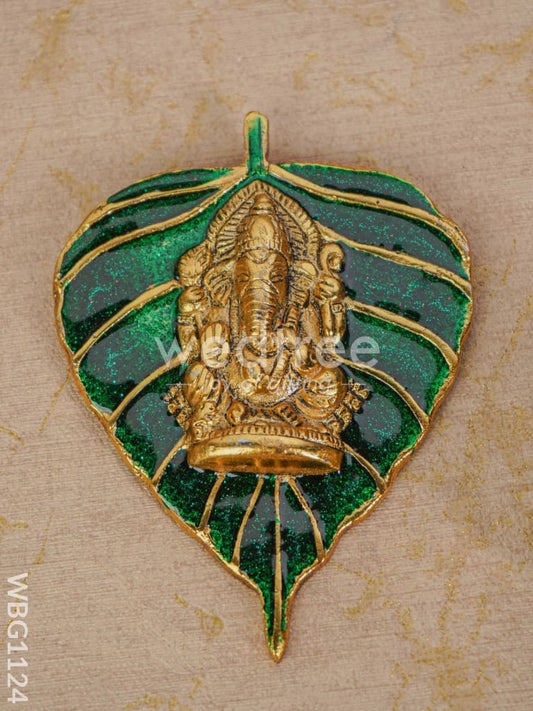 White Metal Green Leaf Ganesha Wall Hanging - WBG1124