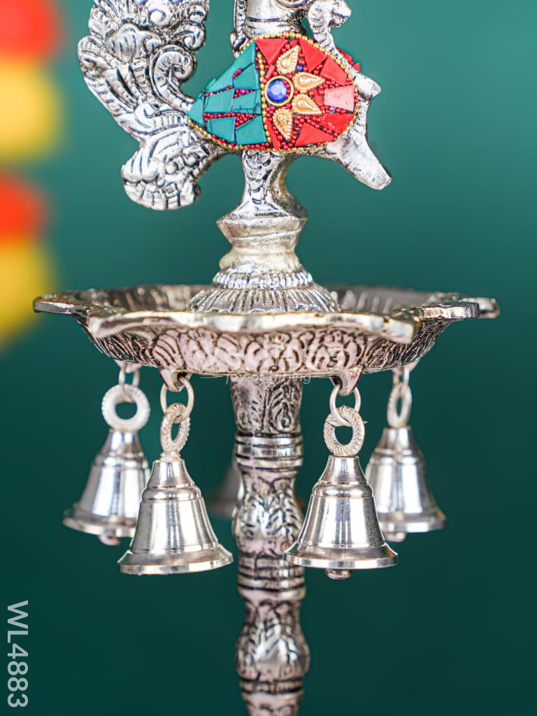 White Metal Kuthu Vilaku with Annapakshi & Elephant - 18 inch - WL4883