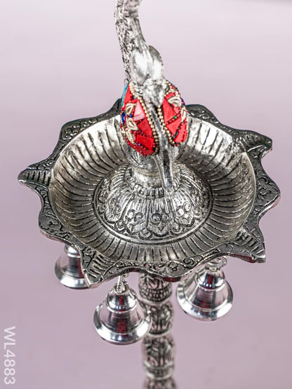 White Metal Kuthu Vilaku with Annapakshi & Elephant - 18 inch - WL4883