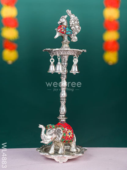 White Metal Kuthu Vilaku with Annapakshi & Elephant - 18 inch - WL4883