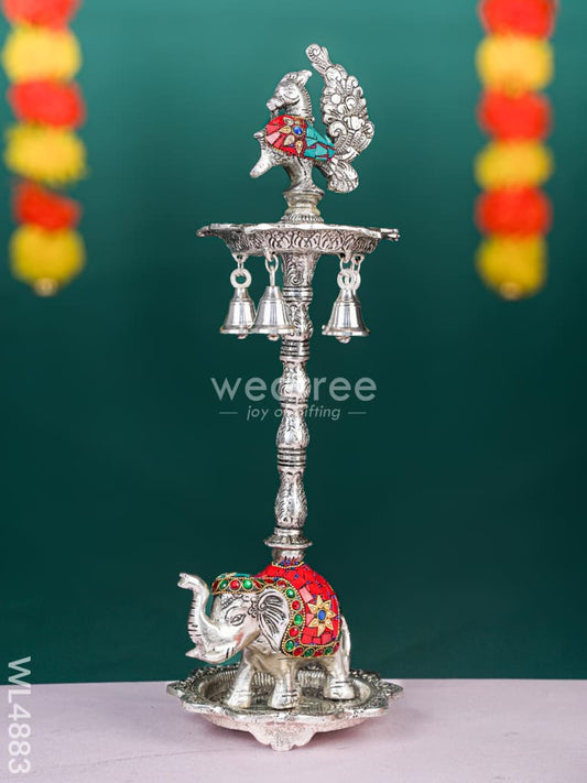 White Metal Kuthu Vilaku with Annapakshi & Elephant - 18 inch - WL4883